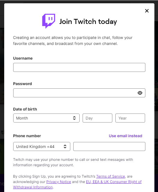 The sign up form for Twitch Tv